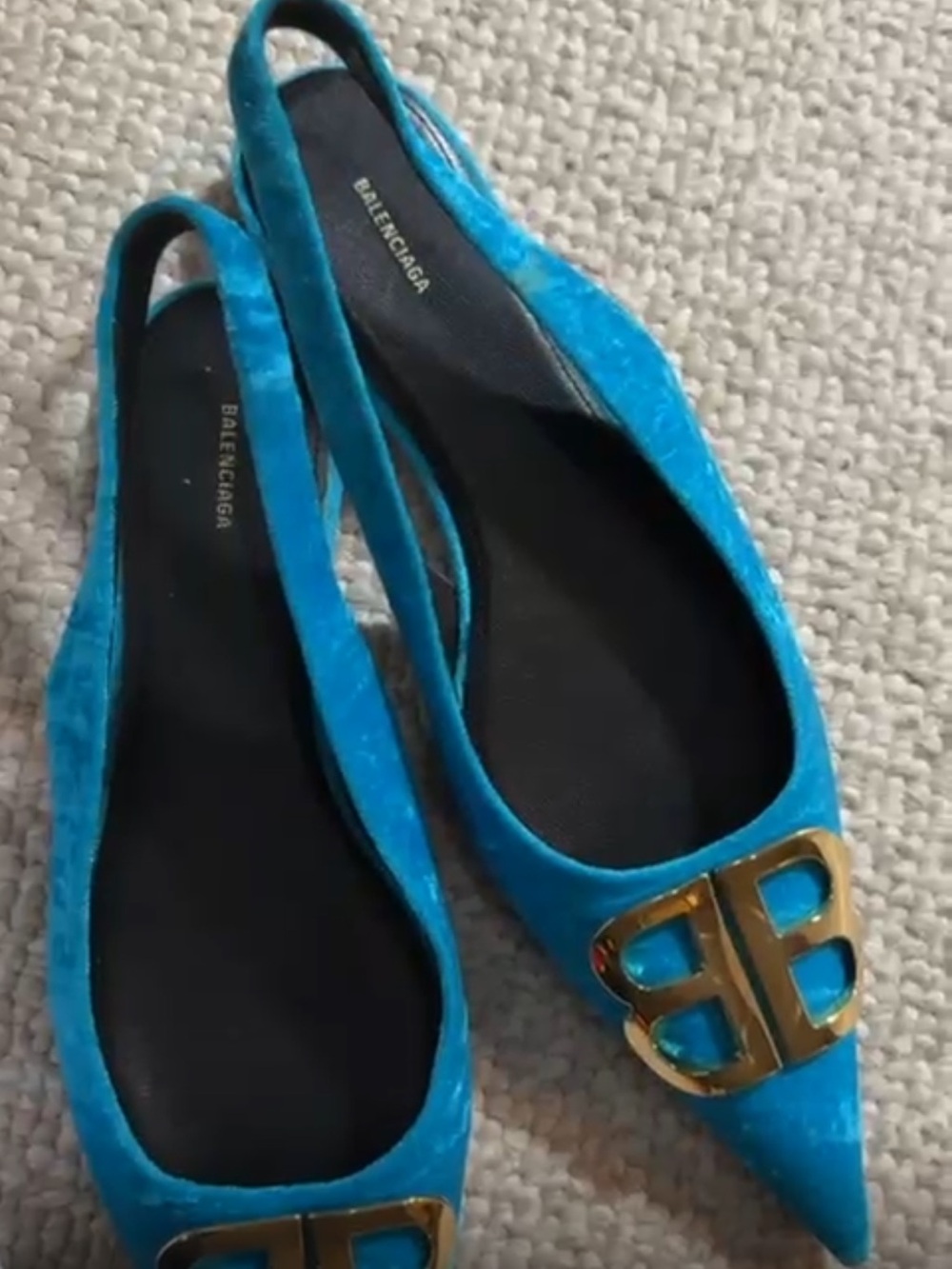 Balenciaga Teal Velvet Slingback Flats with Gold BB Logo - Picture 7 of 17